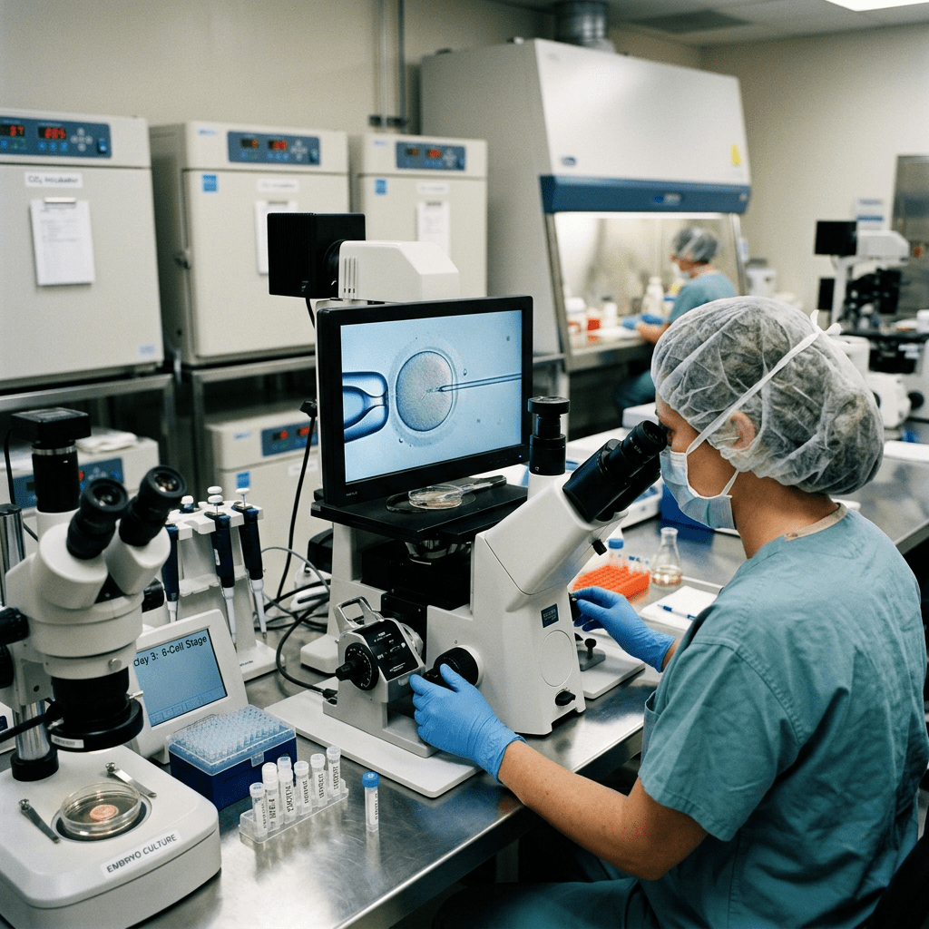 Lab technician performing microinjection on an embryo viewed on a microscope screen