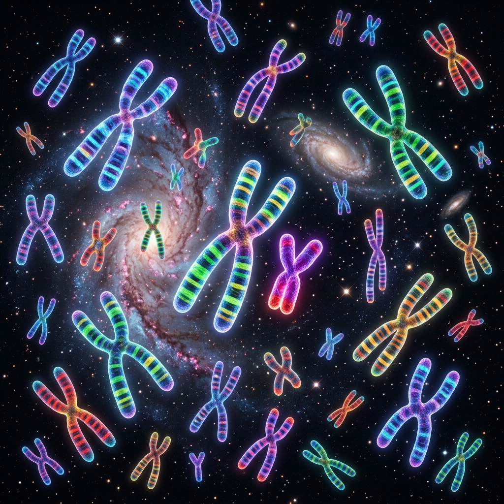 Multiple vibrantly colored chromosomes floating in space with spiral galaxies in the background
