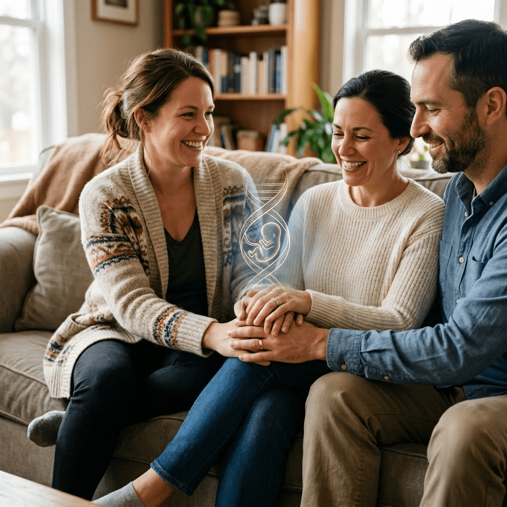 Three people sitting together on a couch, smiling and holding hands in a supportive gesture